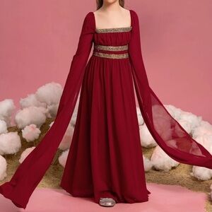 #229 Tween Red/Gold Lace Trim with Dramatic Chiffon Cape Sleeves Gown - 8Y